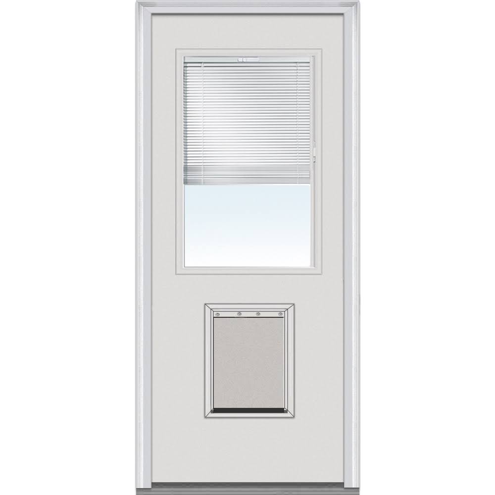 National Door Company Steel Exterior Door, Primed, 1/2 Lite with Clear Glass Internal Blinds & Pet Door, Right Hand Inswing, 32�测��x80�测��