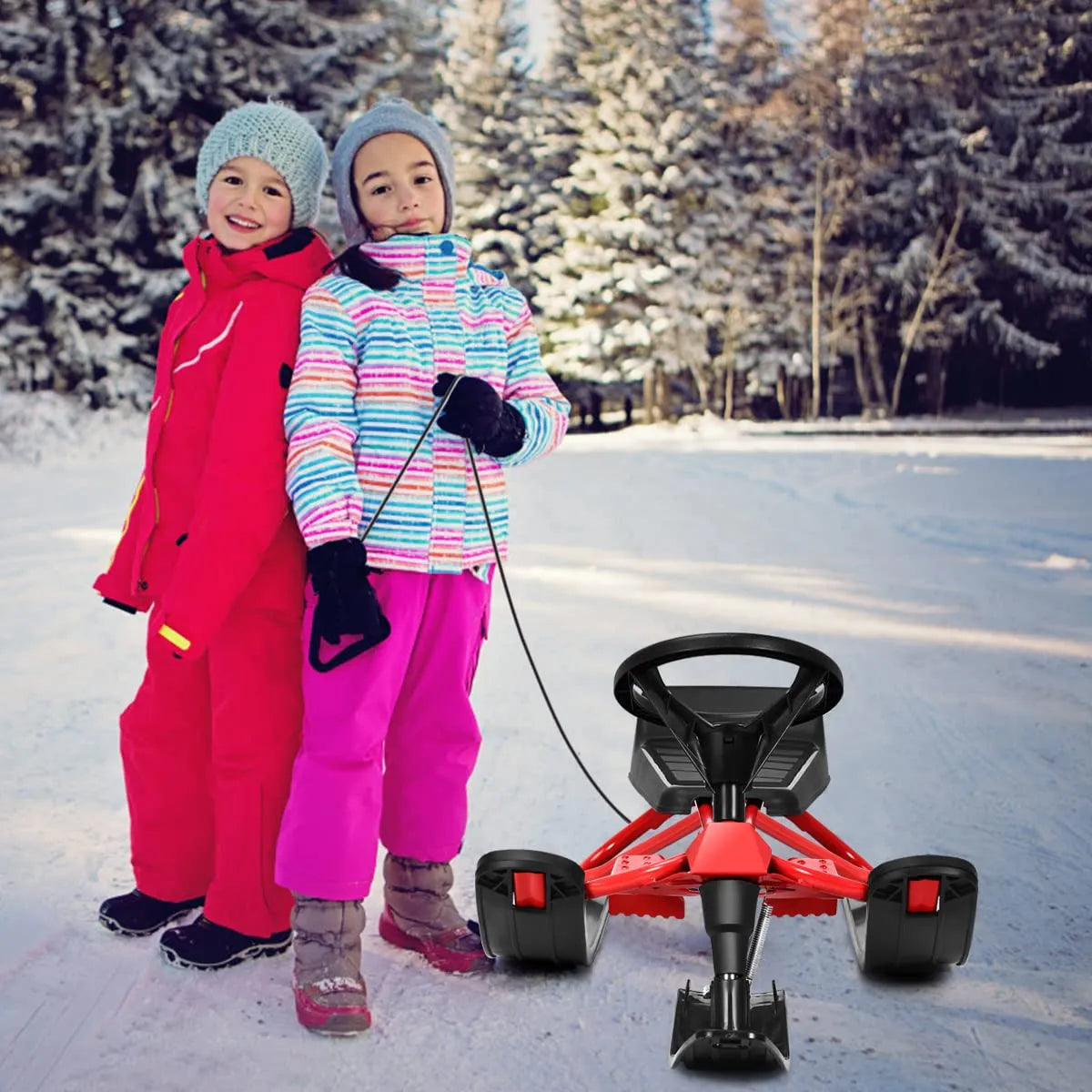Snow Racer Sled, Ski Sled Slider Board with Twin Brakes