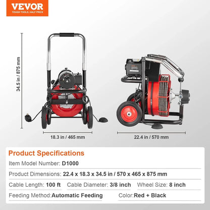 Drain Cleaner Machine 100FT x 1/2 Inch, Auto Feed Sewer Snake Auger on Wheels, 550W Portable Drain Cleaning Machine with 8 Cutters & Air-activated Foot Switch for 2" to 4" Pipes
