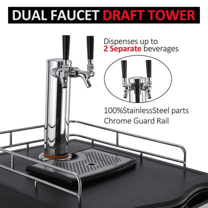 Beer Kegerator, Dual Tap Draft Beer Dispenser, Full Size Stainless Steel Keg Refrigerator With Drip Tray, CO2 Cylinder, 32°F- 50°F Temperature Control, 170L