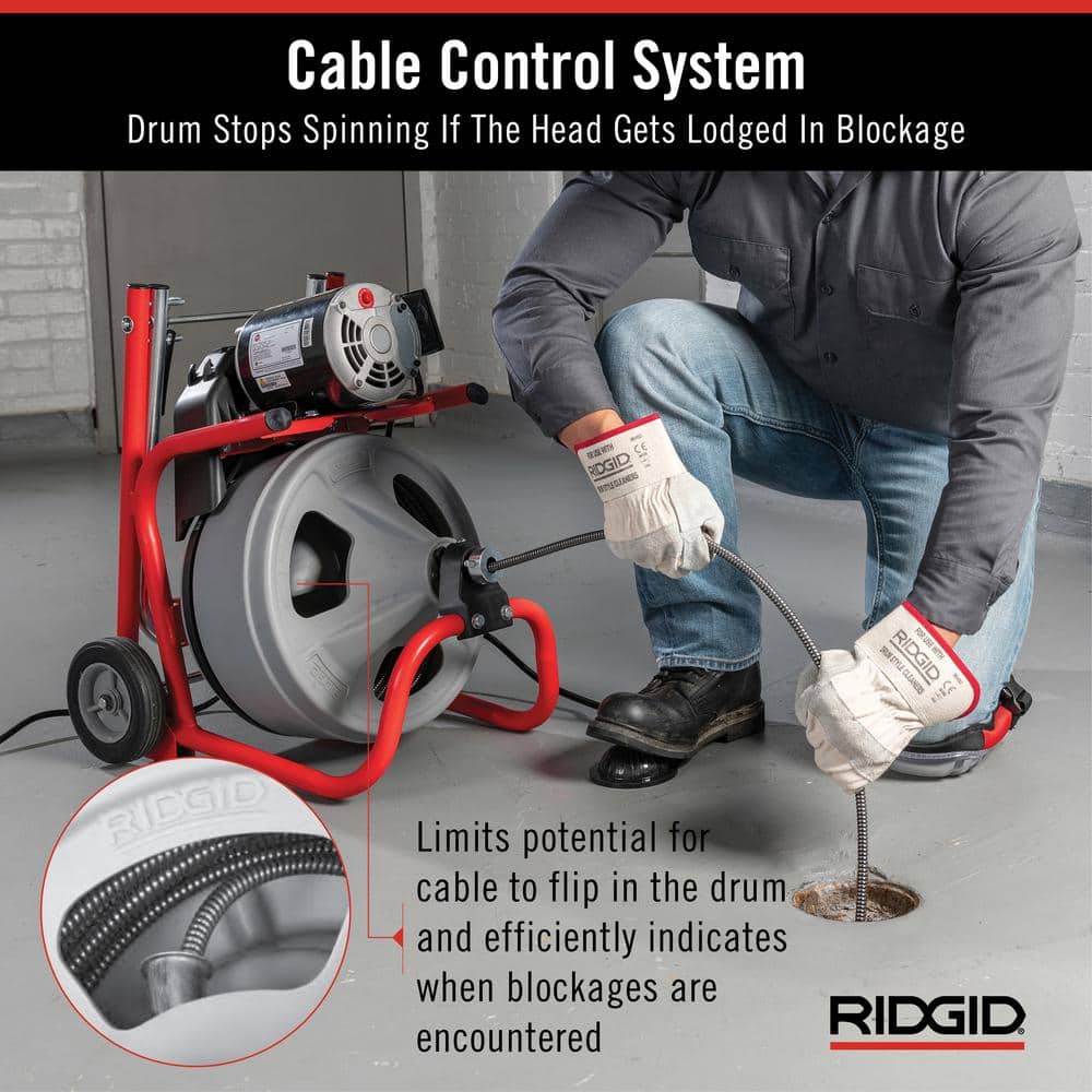 K-400 Drain Cleaning Snake Auger 120-Volt Drum Machine with C-32IW 3/8 in. x 75 ft. Cable + 4-Piece Tool Set & Gloves 52363