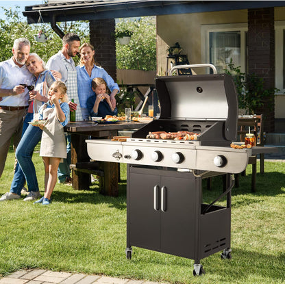 Upgraded 4 Burner BBQ Propane Gas Grill with Cast Iron Grates & Side Stove, 44,000 BTU Stainless Steel Burner Barbecue Grill for Patio, Camping, Outdoor Cooking.
