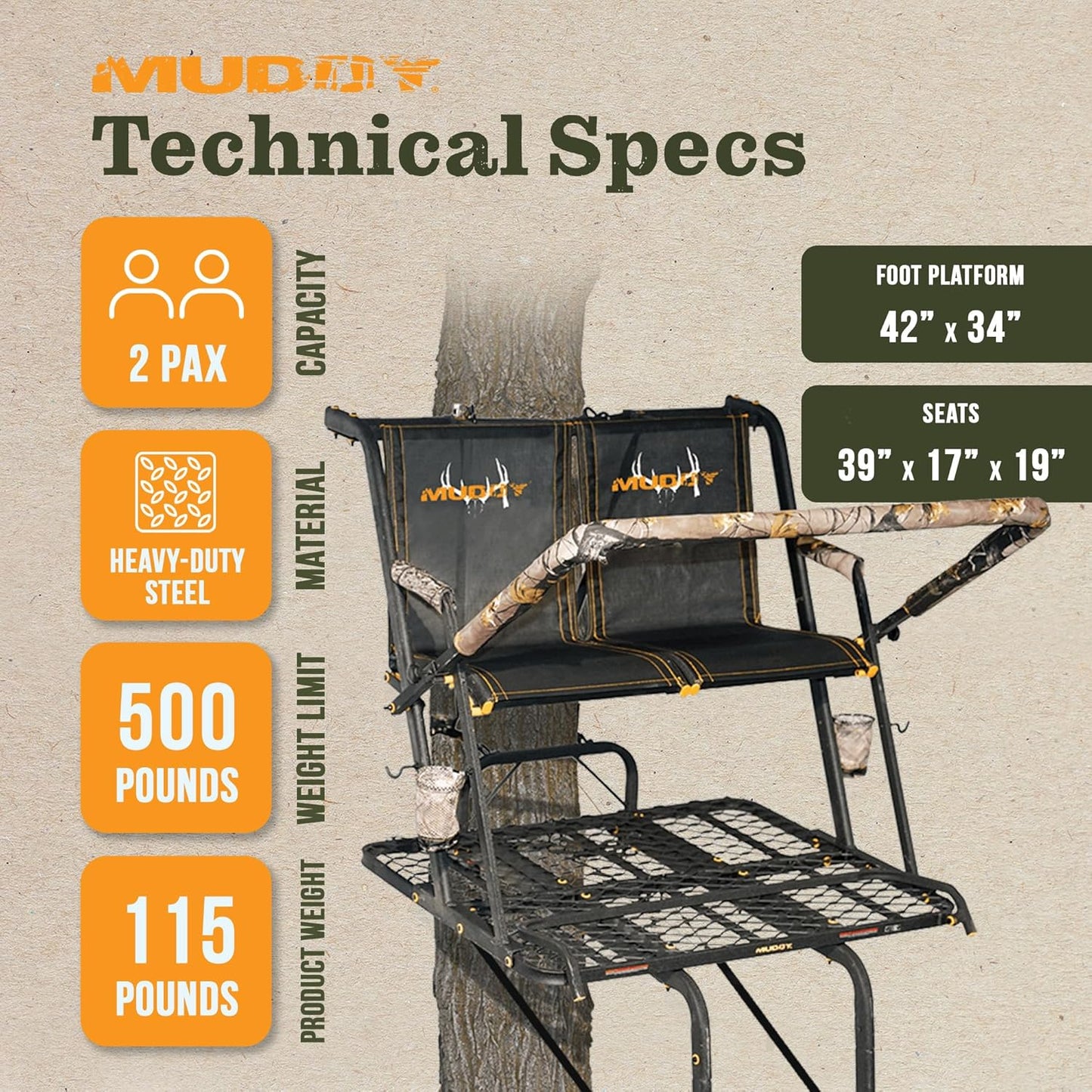 MUDDY Nexus XTL Ladder Tree Stand, 20ft, 500lb Capacity, 2-Person