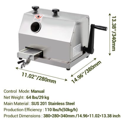 Manual Sugar Cane Juicer Machine, Sugar Cane Press with 3 Stainless Steel Drums and 2.4-inch Large Inlet, Sugarcane Juice Machine with 110LBS/H, Suitable for Home/Commercial Use