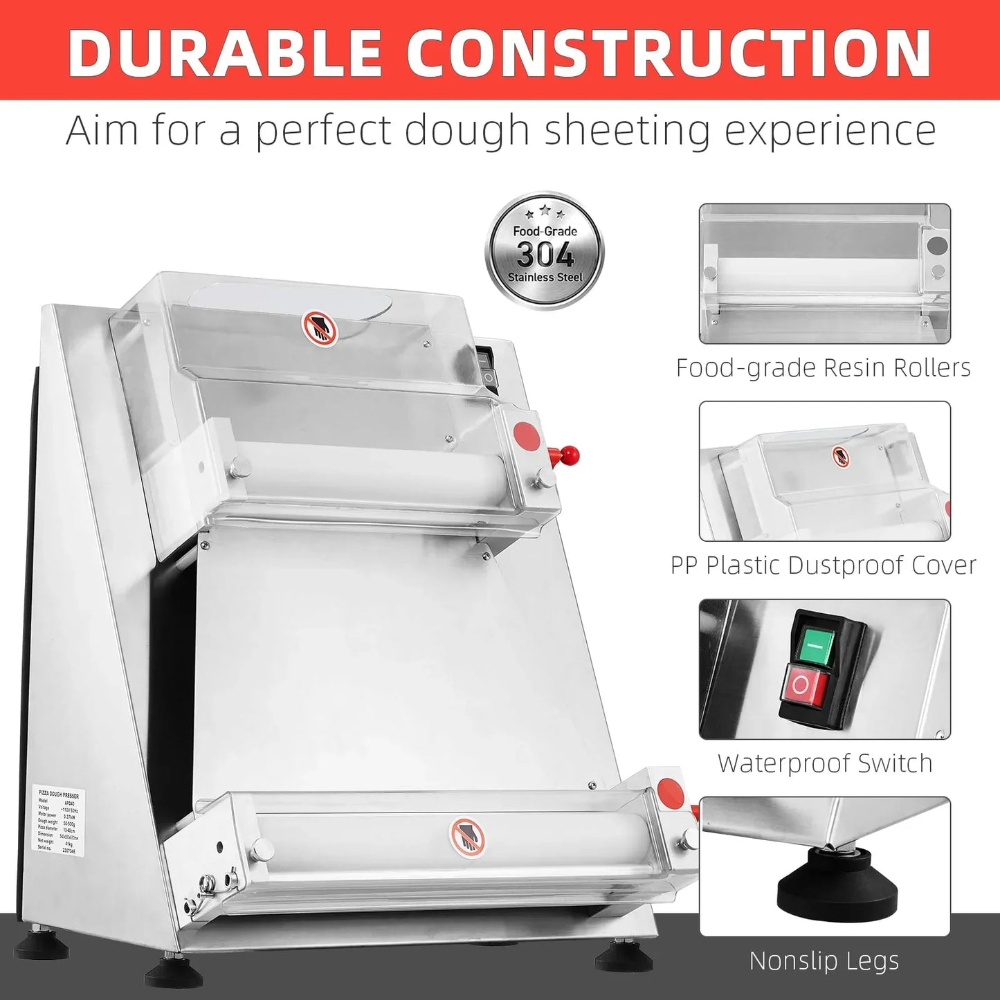 Garvee Commercial Pizza Dough Roller Sheeter, Max 16", Automatic 370W Electric Pizza Dough Roller, Stainless Steel, Suitable for Noodle, Pizza Bread and Pasta Maker Equipment