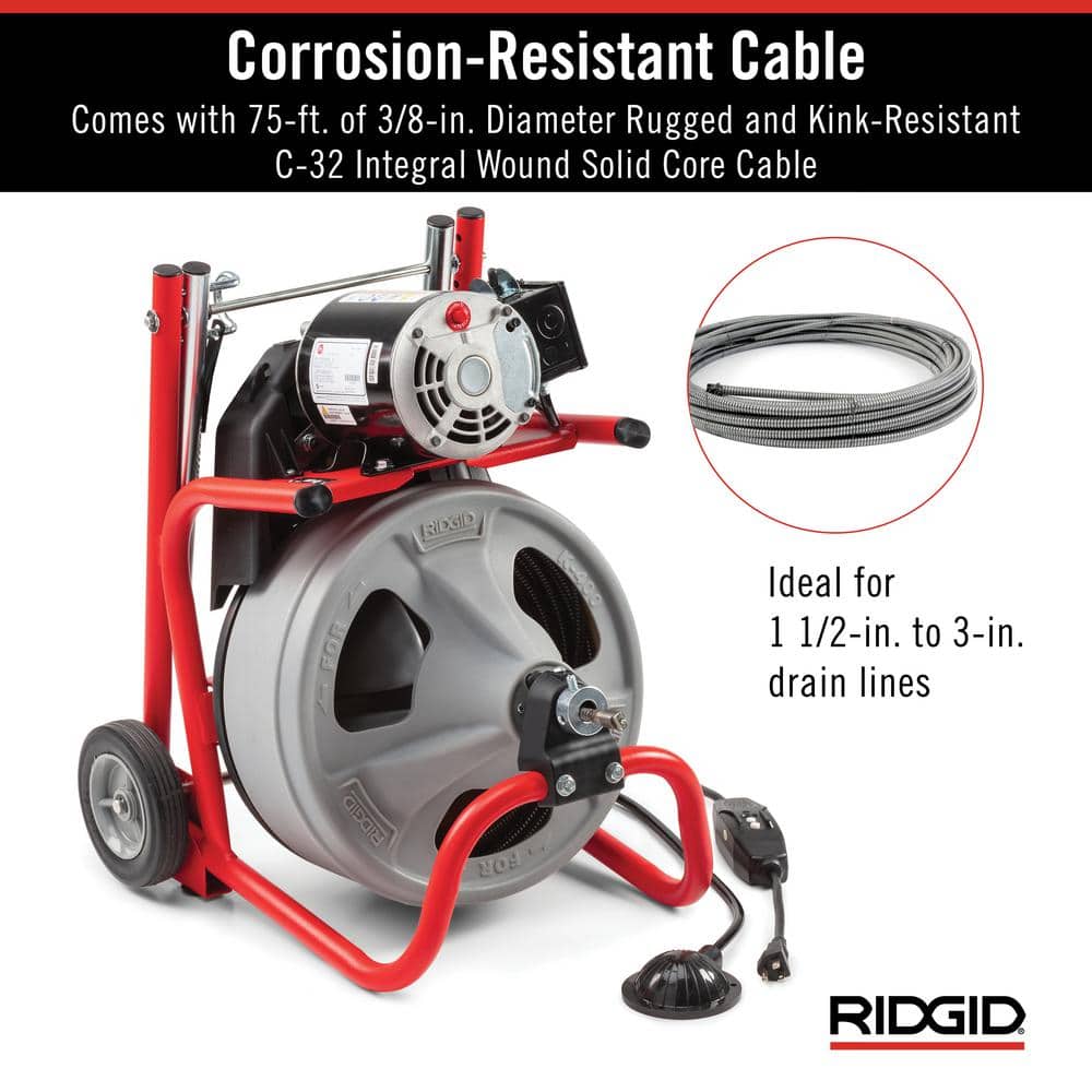 K-400 Drain Cleaning Snake Auger 120-Volt Drum Machine with C-32IW 3/8 in. x 75 ft. Cable + 4-Piece Tool Set & Gloves 52363