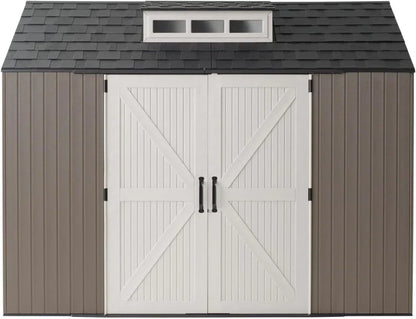 Rubbermaid Resin Outdoor Storage Shed With Floor (7 x 7 Ft) Weather Resistant Gray Organization for Home/Backyard/Garden Tools/Lawn Mower/Bike Storage/Pool Supplies