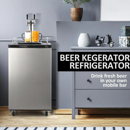 Beer Kegerator, Dual Tap Draft Beer Dispenser, Full Size Stainless Steel Keg Refrigerator With Drip Tray, CO2 Cylinder, 32°F- 50°F Temperature Control, 170L
