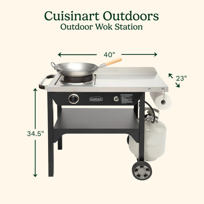 Cuisinart Outdoor Wok Station, 50,000 BTU Propane Outdoor Wok Burner w Prep Table, 14锟芥�锟斤拷 Carbon Steel Wok for Stir Fry, Searing, BBQ 锟斤拷 Black