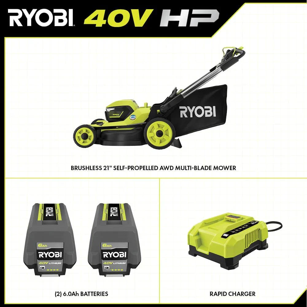 Ryobi 40V HP Brushless 21-in Self-Propelled AWD Lawn Mower Whisper Series ncludes (2) 6.0Ah Batteries and Charger